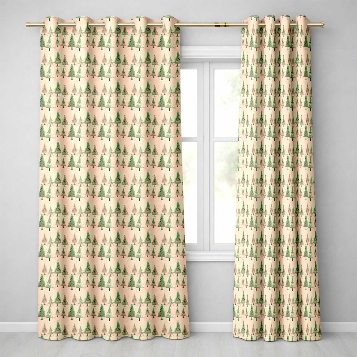 Vintage Christmas Tree Rustic Beige Seamless  Readymade Eyelet Ring Top Thermal 100% Blackout Curtains