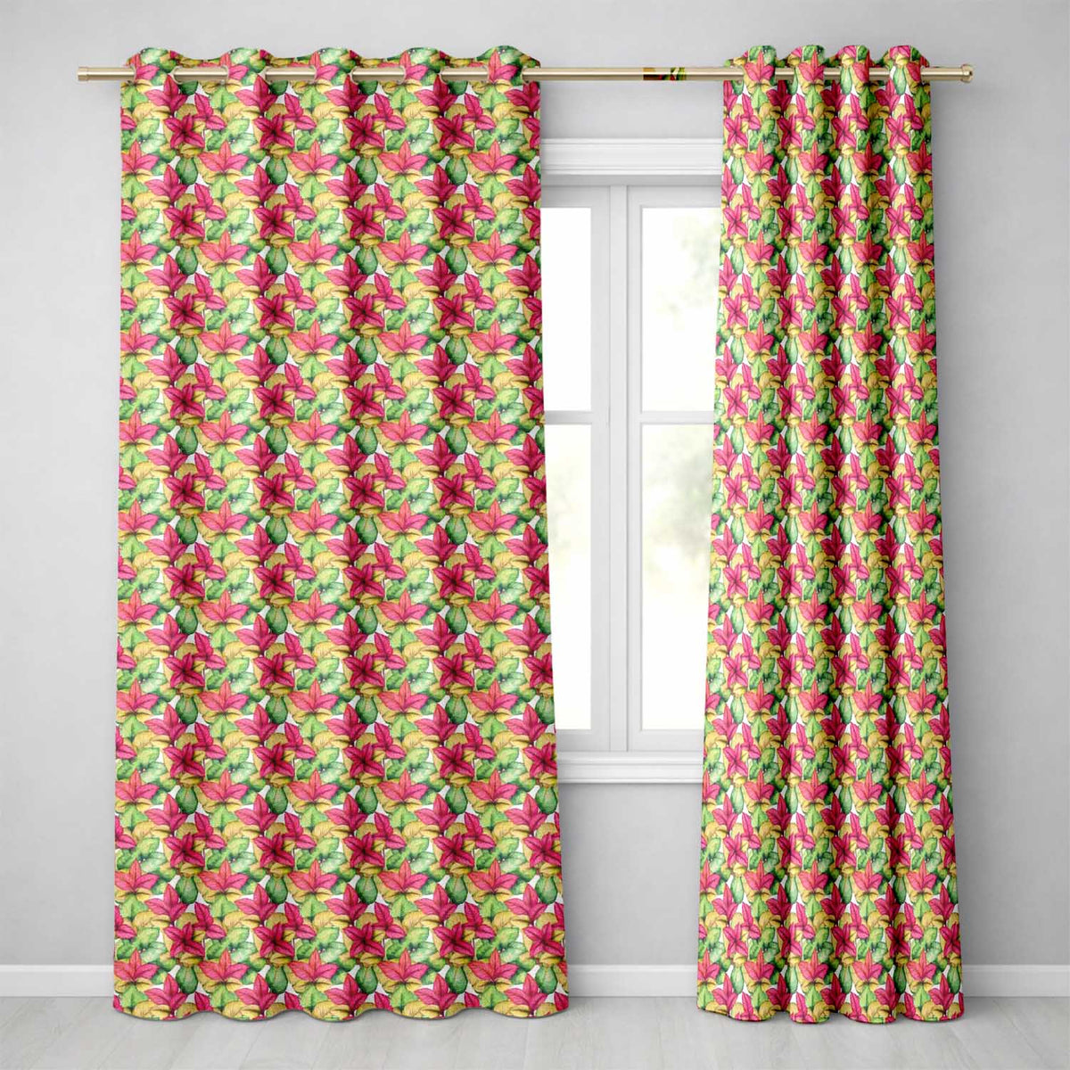 Vibrant Pink Green Tropical Leaves Seamless  Readymade Eyelet Ring Top Thermal 100% Blackout Curtains