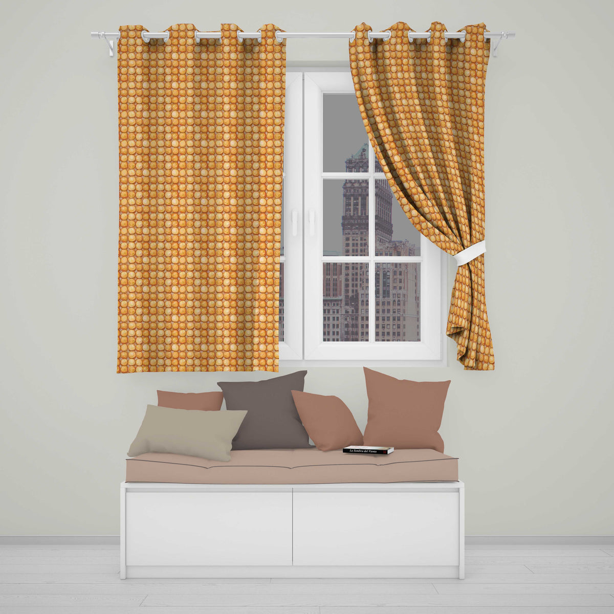 Golden Honeycomb Pastry Repeat Readymade Eyelet Ring Top Thermal 100% Blackout Curtains