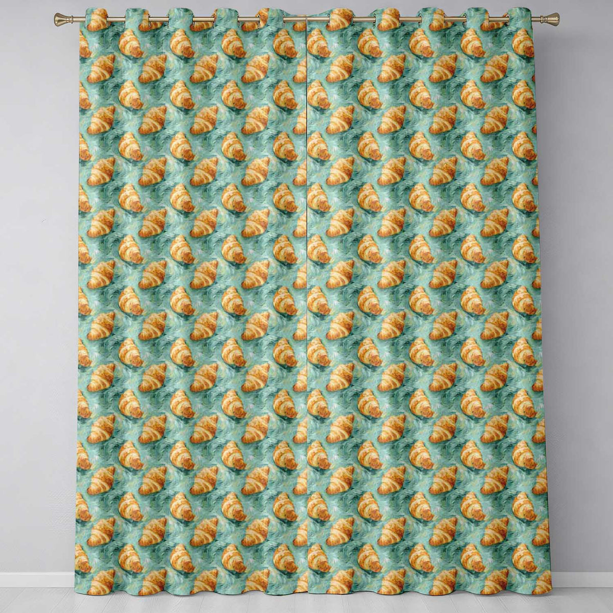 Watercolor Croissant Pastry Soft Blue Artistic Seamless  Readymade Eyelet Ring Top Thermal 100% Blackout Curtains