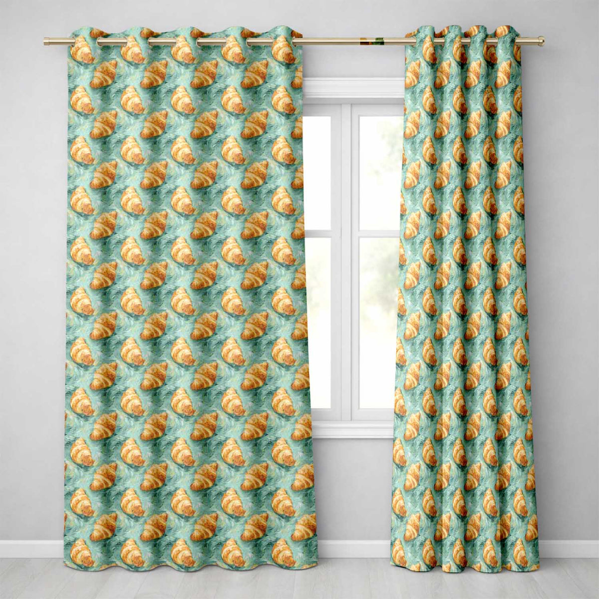 Watercolor Croissant Pastry Soft Blue Artistic Seamless  Readymade Eyelet Ring Top Thermal 100% Blackout Curtains