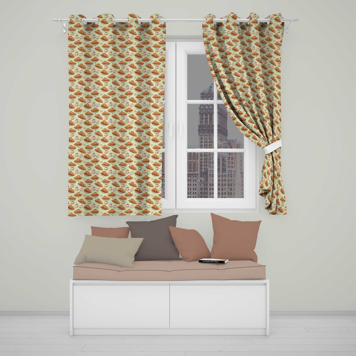 Croissant and Coffee French Breakfast Seamless  Neutral Background  Readymade Eyelet Ring Top Thermal 100% Blackout Curtains