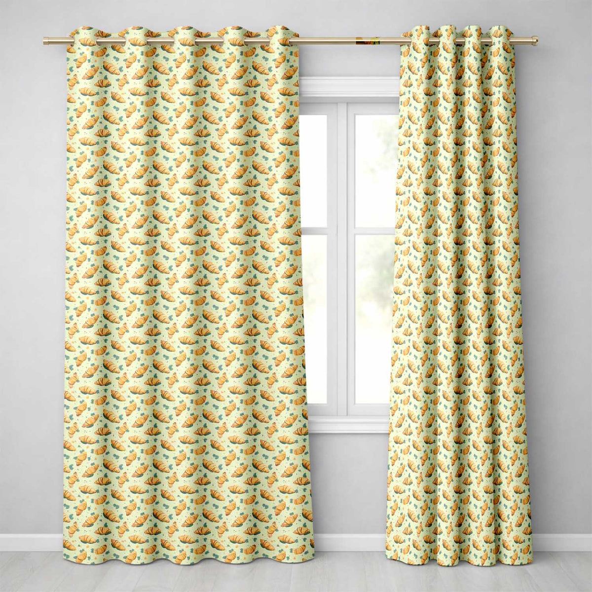 Croissant and Herb Scatter Light Cream Background Seamless  Readymade Eyelet Ring Top Thermal 100% Blackout Curtains