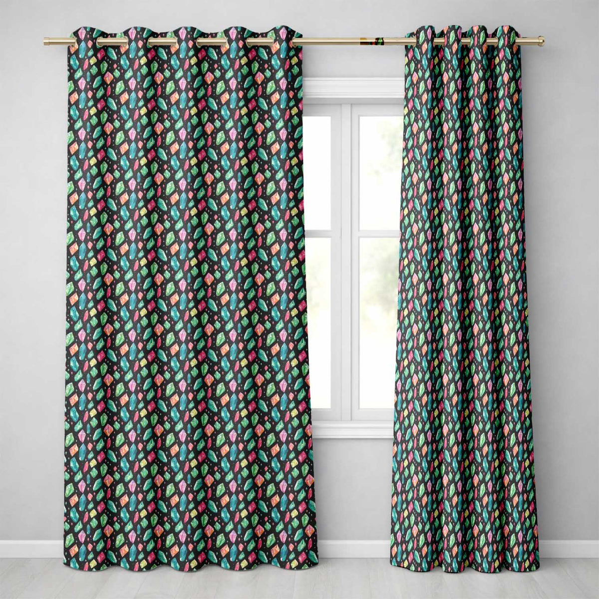 Bright Faceted Gemstone Seamless  Dark Background Jewel Illustration  Readymade Eyelet Ring Top Thermal 100% Blackout Curtains