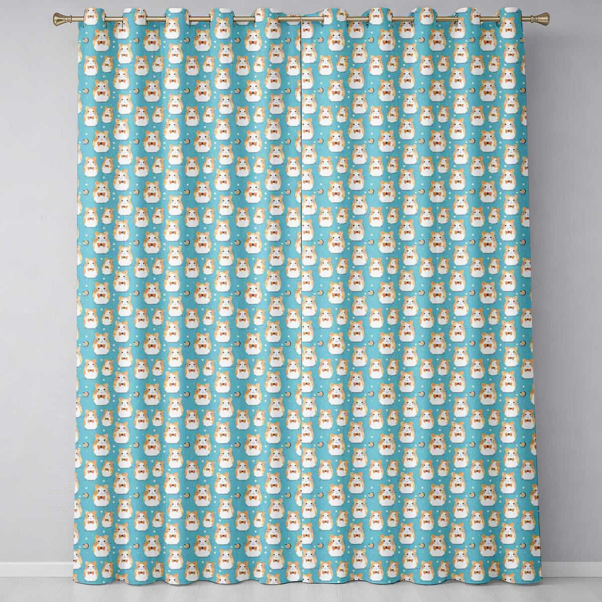 Cartoon Hamster Bow Tie Teal Seamless Pattern  Readymade Eyelet Ring Top Thermal 100% Blackout Curtains