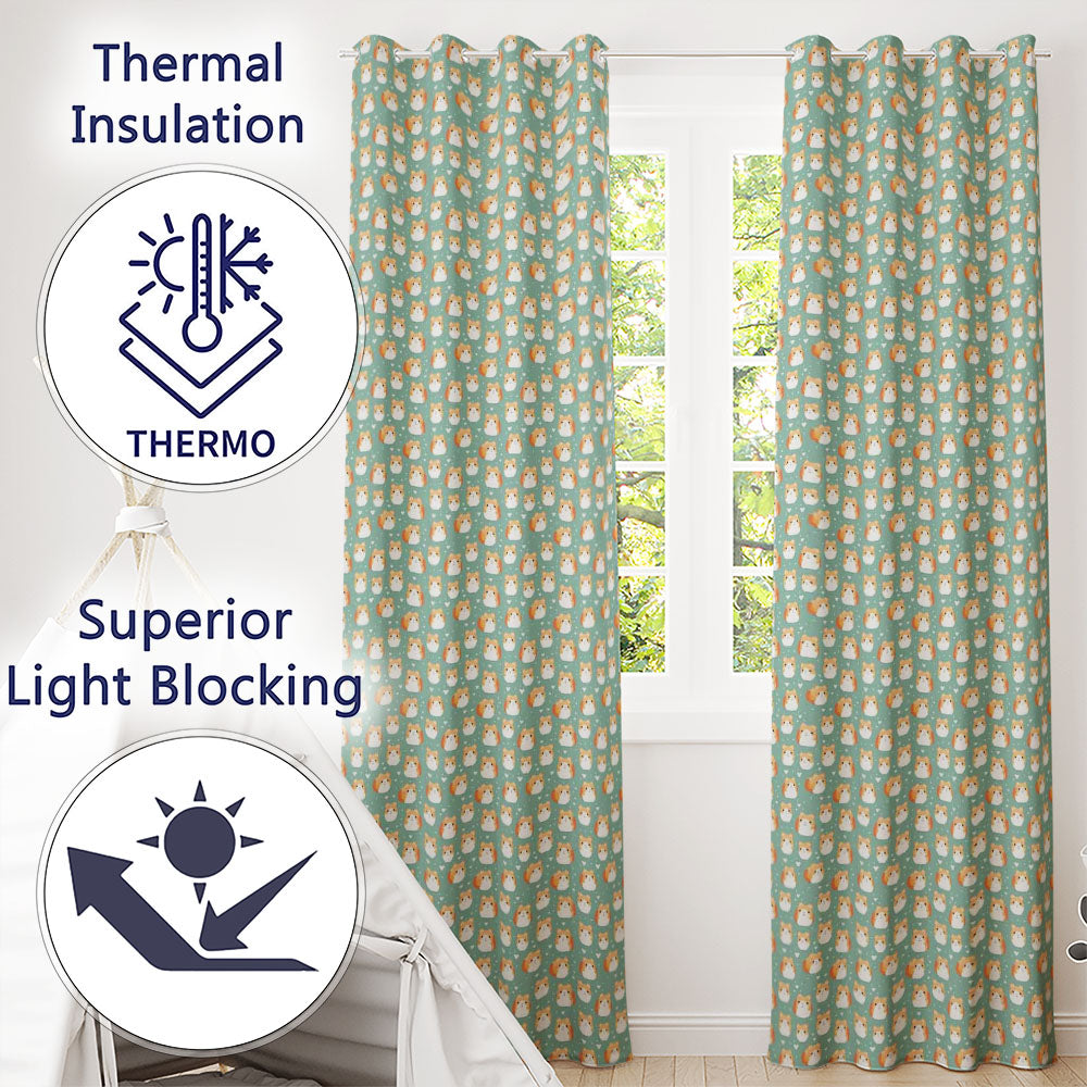 Hamster Cartoon Blue Heart Pattern Seamless  Readymade Eyelet Ring Top Thermal 100% Blackout Curtains