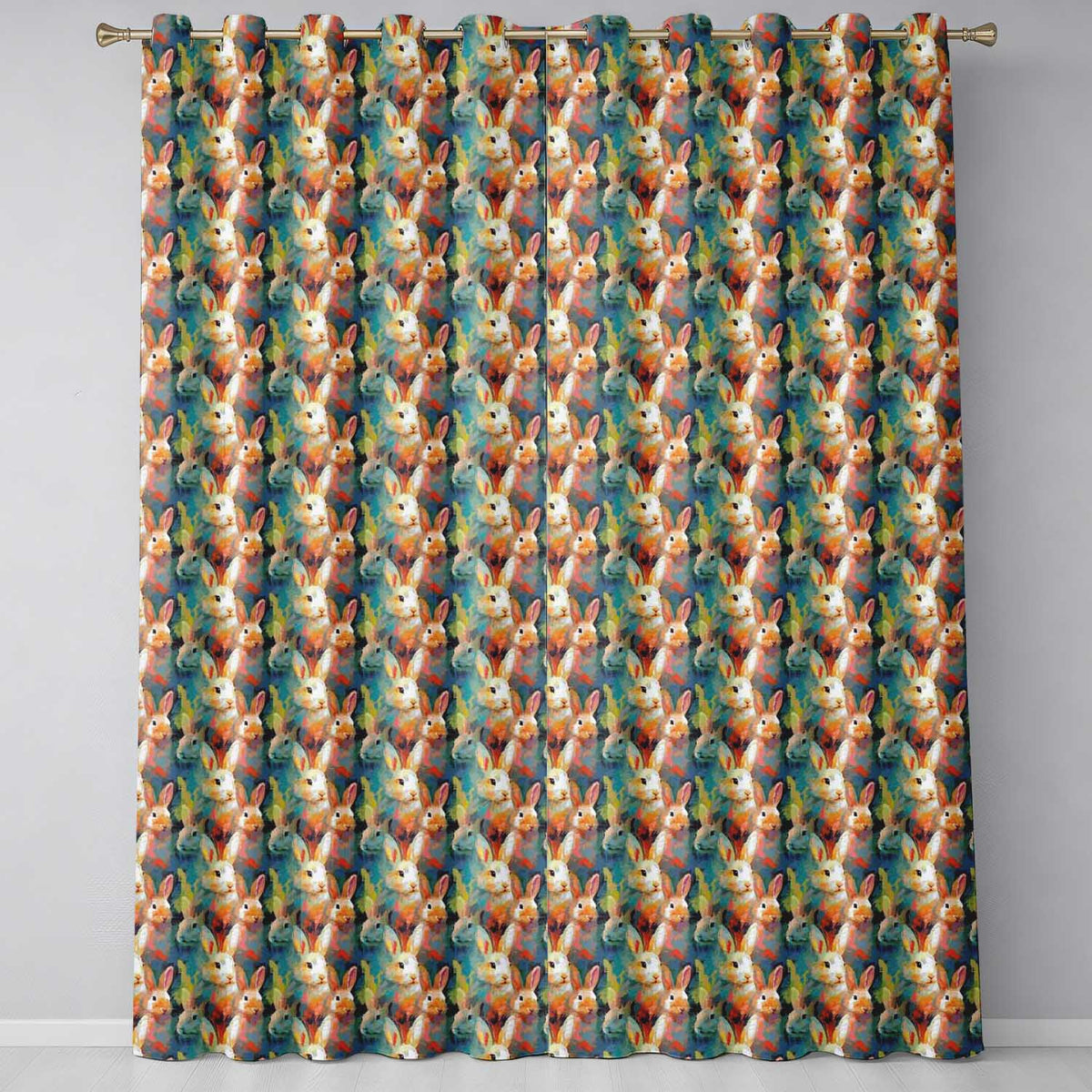Colorful Artistic Bunny Abstract Seamless  Readymade Eyelet Ring Top Thermal 100% Blackout Curtains