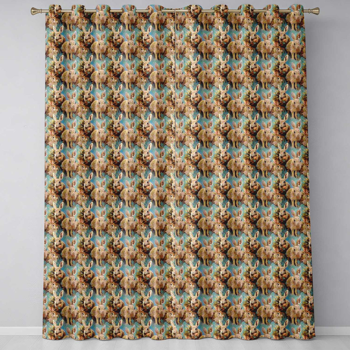 Vintage Style Brown Rabbit Garden Illustration Seamless  Readymade Eyelet Ring Top Thermal 100% Blackout Curtains