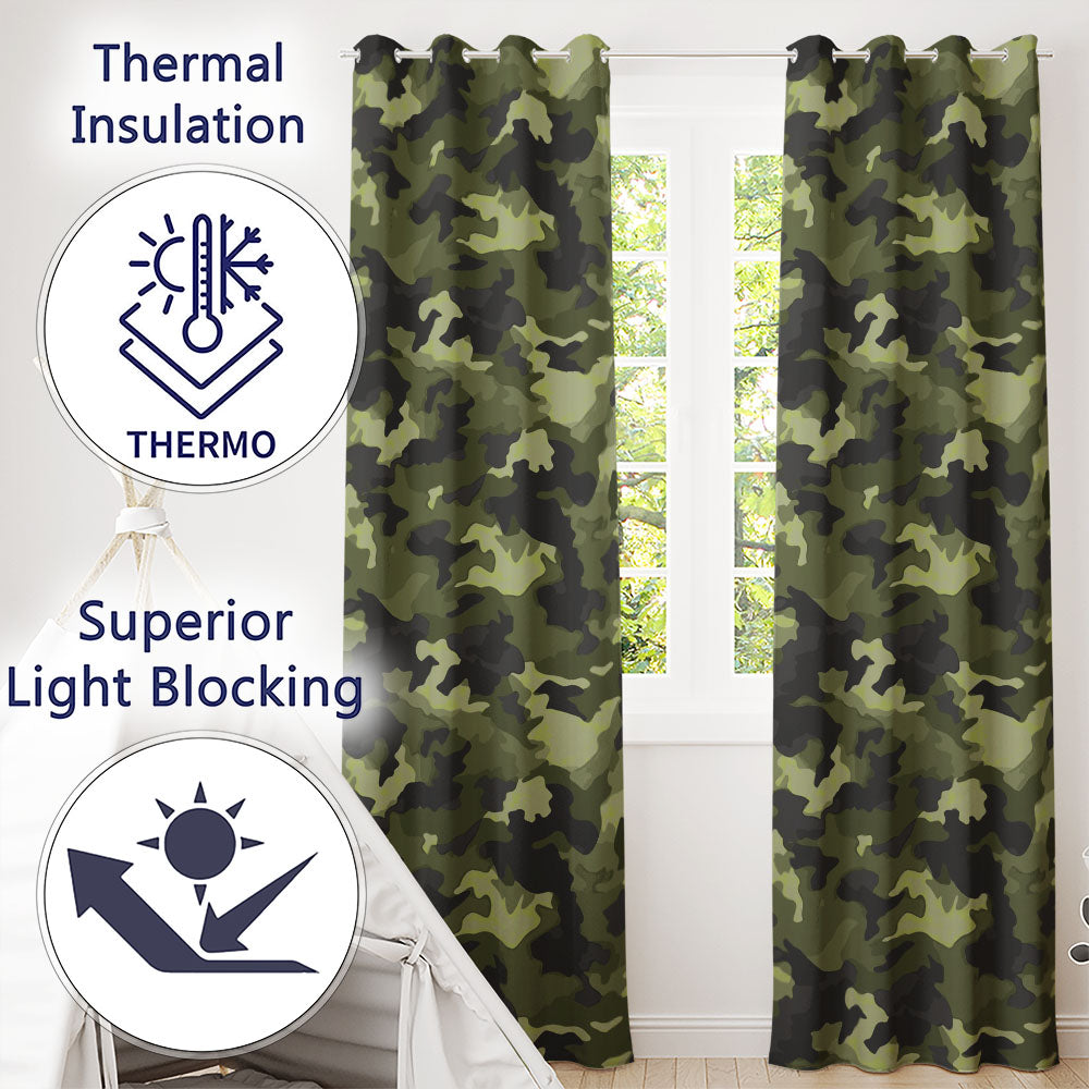 Rich Woodland Green Camouflage Seamless  Readymade Eyelet Ring Top Thermal 100% Blackout Curtains