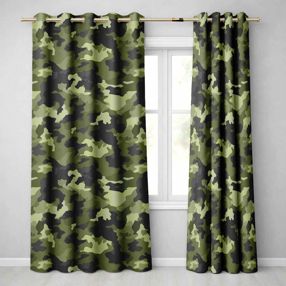 Rich Woodland Green Camouflage Seamless  Readymade Eyelet Ring Top Thermal 100% Blackout Curtains