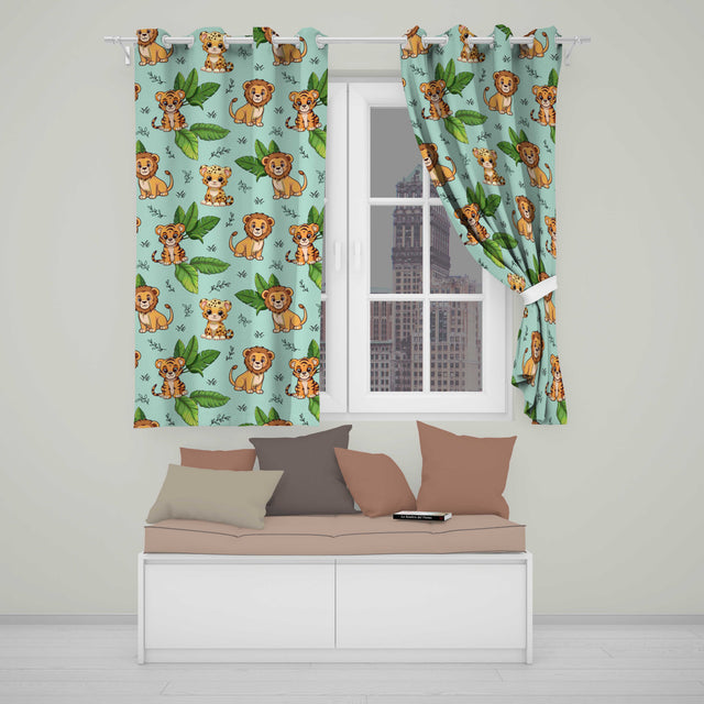 Jungle Animals Lion Tiger Leopard Teal Background Tropical Leaves  Readymade Eyelet Ring Top Thermal 100% Blackout Curtains