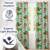 Jungle Animals Lion Tiger Leopard Teal Background Tropical Leaves  Readymade Eyelet Ring Top Thermal 100% Blackout Curtains