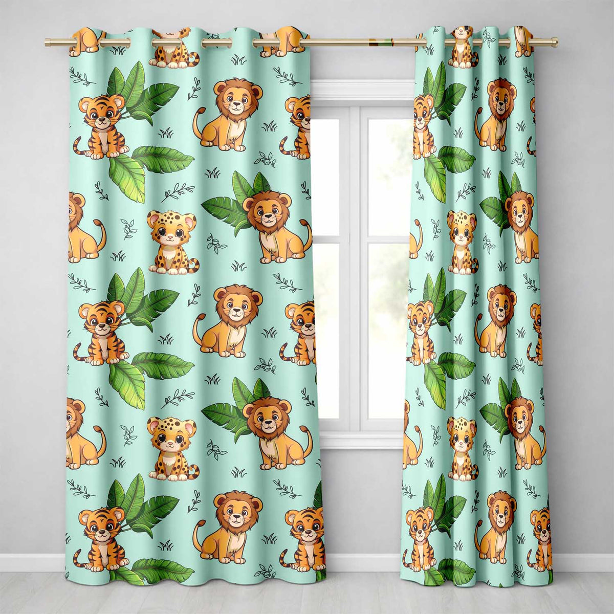 Jungle Animals Lion Tiger Leopard Teal Background Tropical Leaves  Readymade Eyelet Ring Top Thermal 100% Blackout Curtains