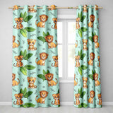 Jungle Animals Lion Tiger Leopard Teal Background Tropical Leaves  Readymade Eyelet Ring Top Thermal 100% Blackout Curtains