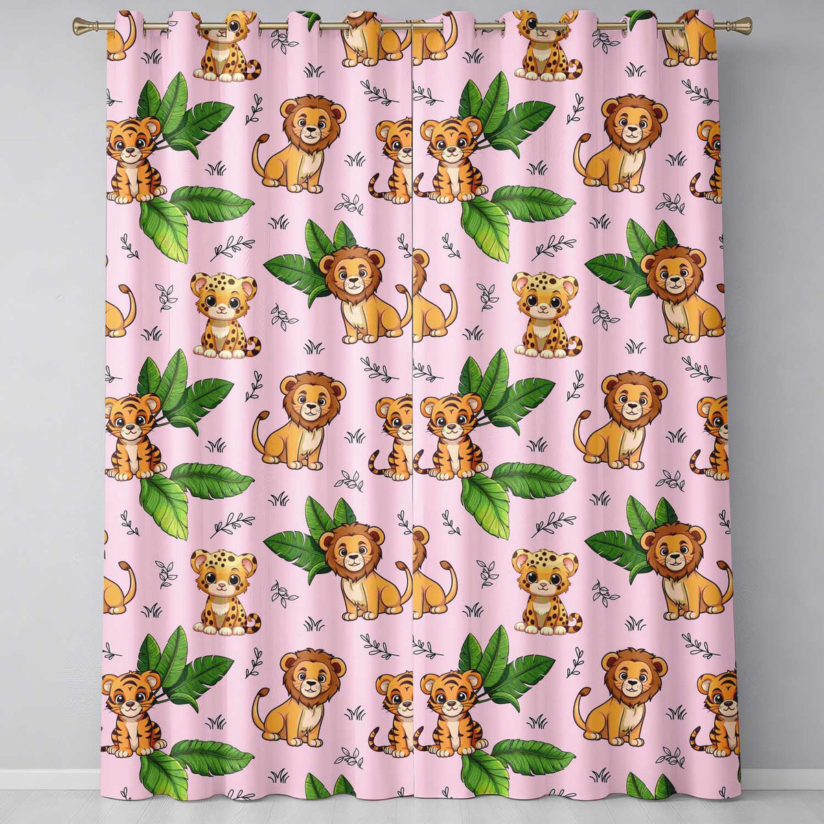 Jungle Animals Lion Tiger Leopard Pink Background Tropical Leaves  Readymade Eyelet Ring Top Thermal 100% Blackout Curtains