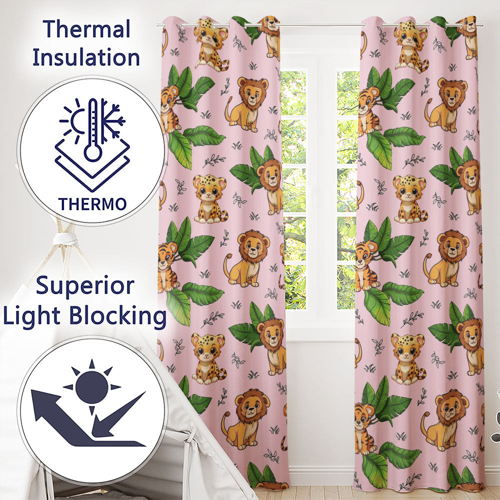 Jungle Animals Lion Tiger Leopard Pink Background Tropical Leaves  Readymade Eyelet Ring Top Thermal 100% Blackout Curtains