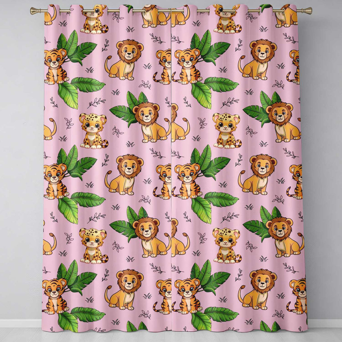 Jungle Animals Lion Tiger Leopard Blush Pink Background Tropical Leaves  Readymade Eyelet Ring Top Thermal 100% Blackout Curtains