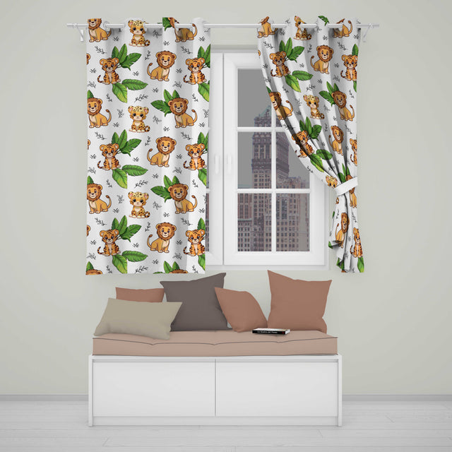 Jungle Animals Lion Tiger Leopard Grey Background Tropical Leaves  Readymade Eyelet Ring Top Thermal 100% Blackout Curtains
