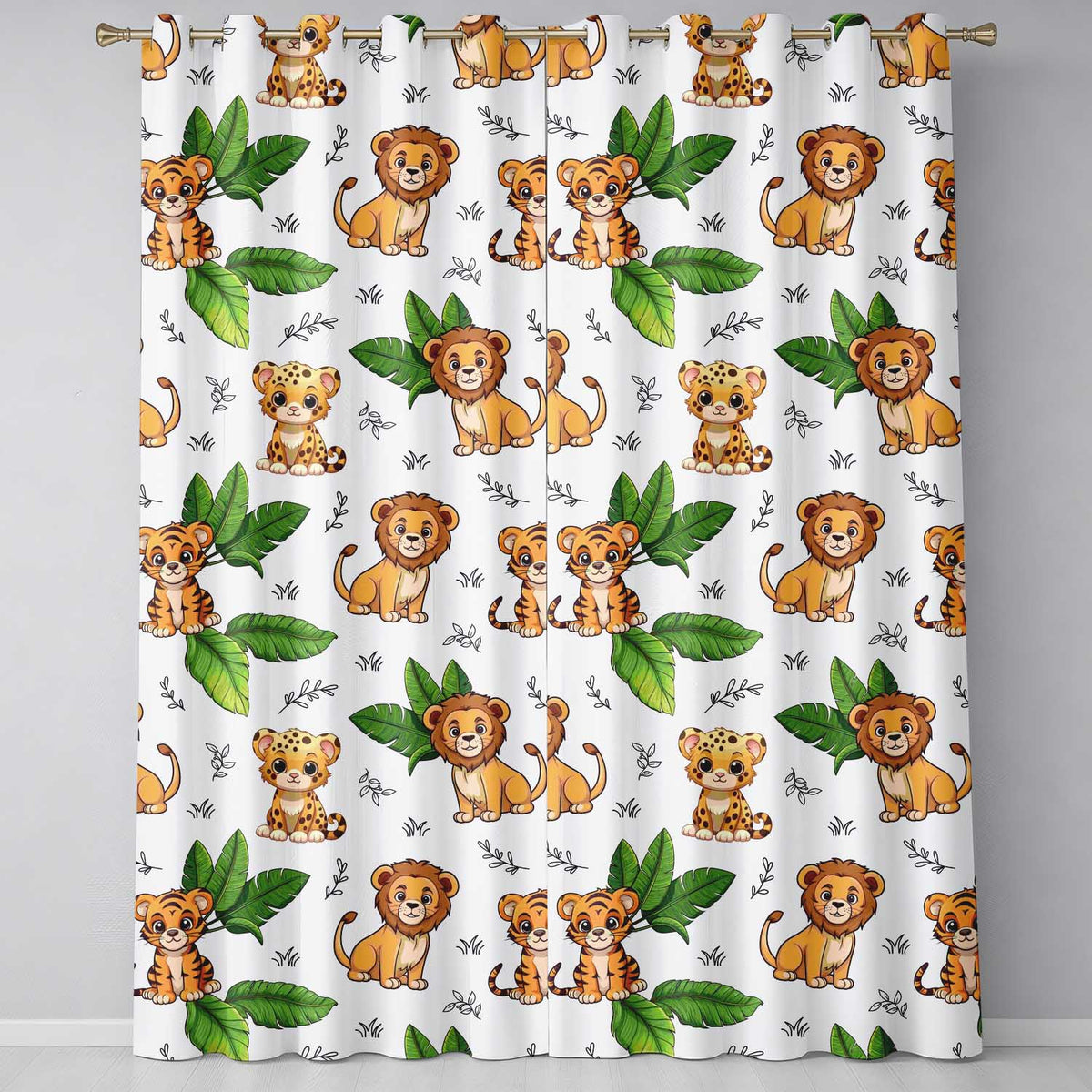 Jungle Animals Lion Tiger Leopard Grey Background Tropical Leaves  Readymade Eyelet Ring Top Thermal 100% Blackout Curtains
