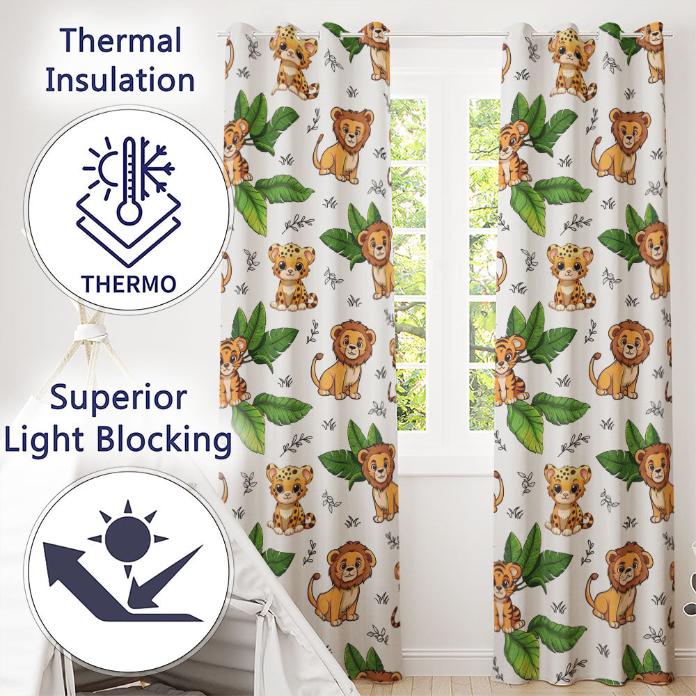 Jungle Animals Lion Tiger Leopard Grey Background Tropical Leaves  Readymade Eyelet Ring Top Thermal 100% Blackout Curtains