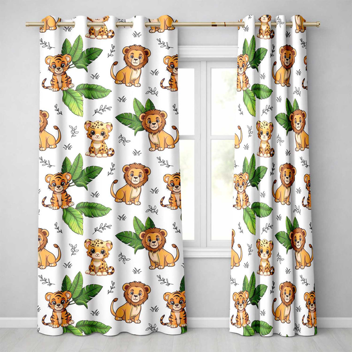Jungle Animals Lion Tiger Leopard Grey Background Tropical Leaves  Readymade Eyelet Ring Top Thermal 100% Blackout Curtains