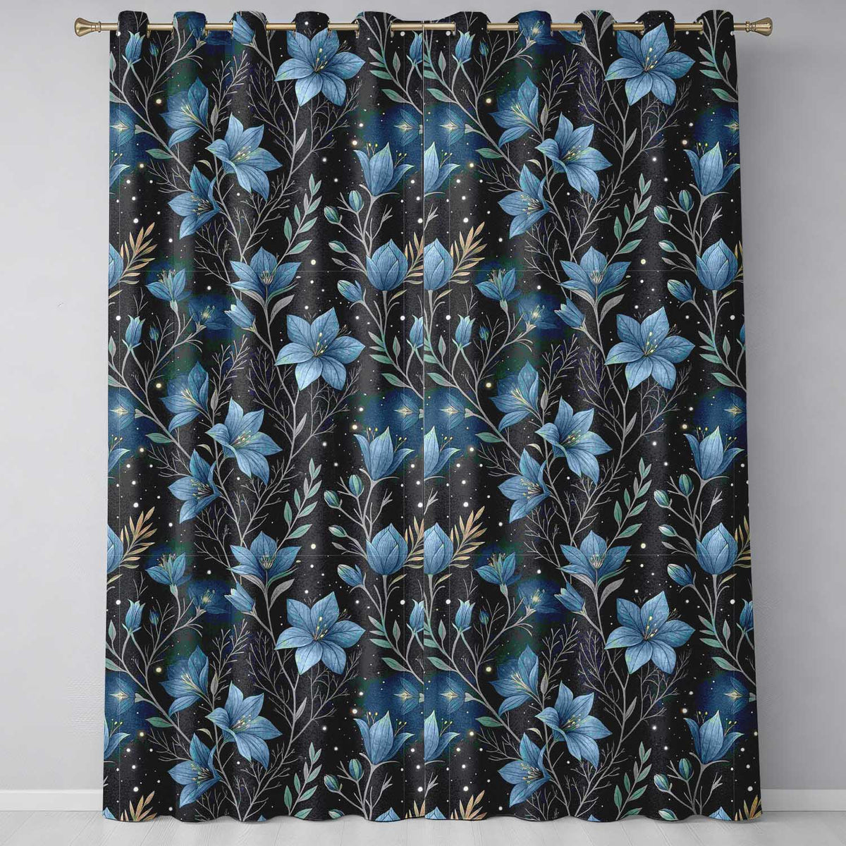 Blue Floral Night Sky Stars Botanical Seamless  Readymade Eyelet Ring Top Thermal 100% Blackout Curtains