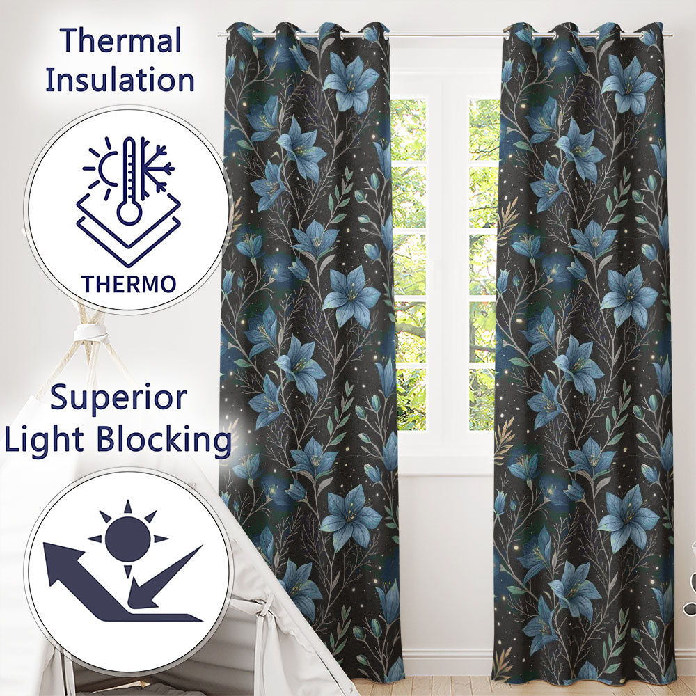 Blue Floral Night Sky Stars Botanical Seamless  Readymade Eyelet Ring Top Thermal 100% Blackout Curtains