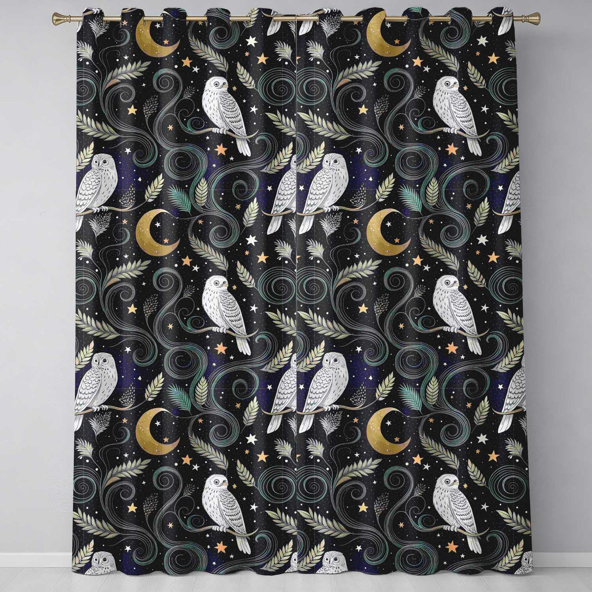 Owl Moon Stars Night Sky Botanical Seamless  Readymade Eyelet Ring Top Thermal 100% Blackout Curtains