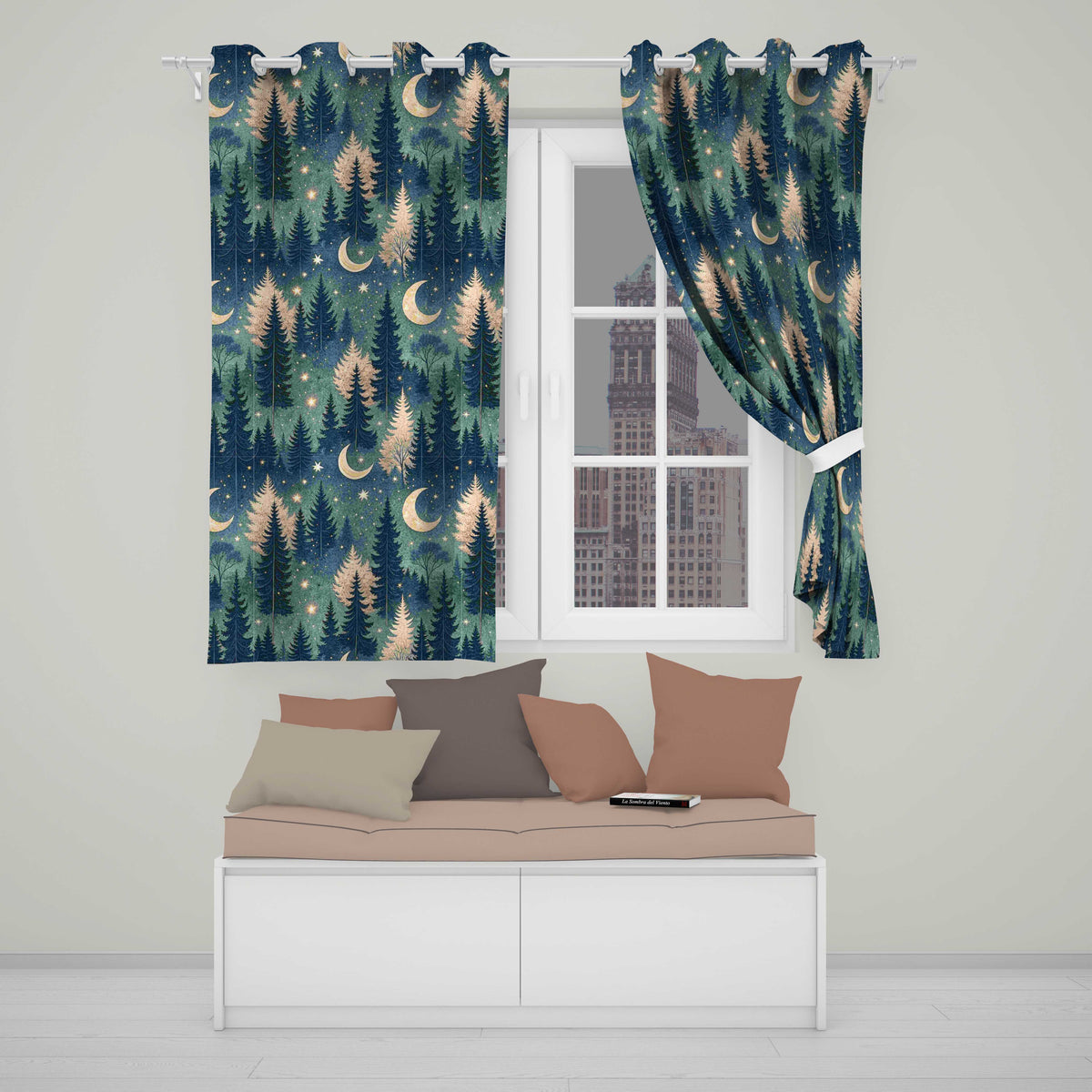 Dark Forest Moon Trees Starry Night Seamless  Readymade Eyelet Ring Top Thermal 100% Blackout Curtains