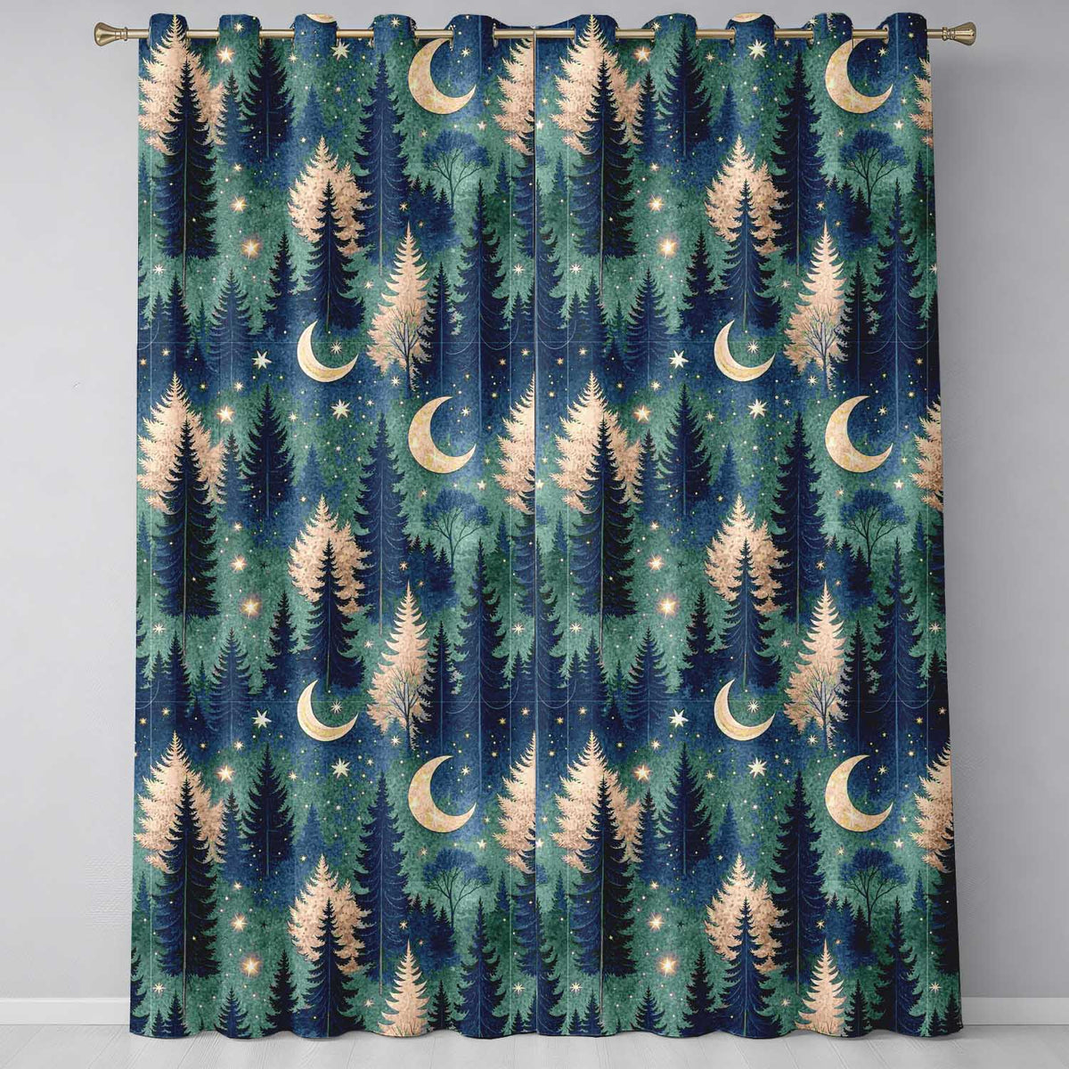 Dark Forest Moon Trees Starry Night Seamless  Readymade Eyelet Ring Top Thermal 100% Blackout Curtains