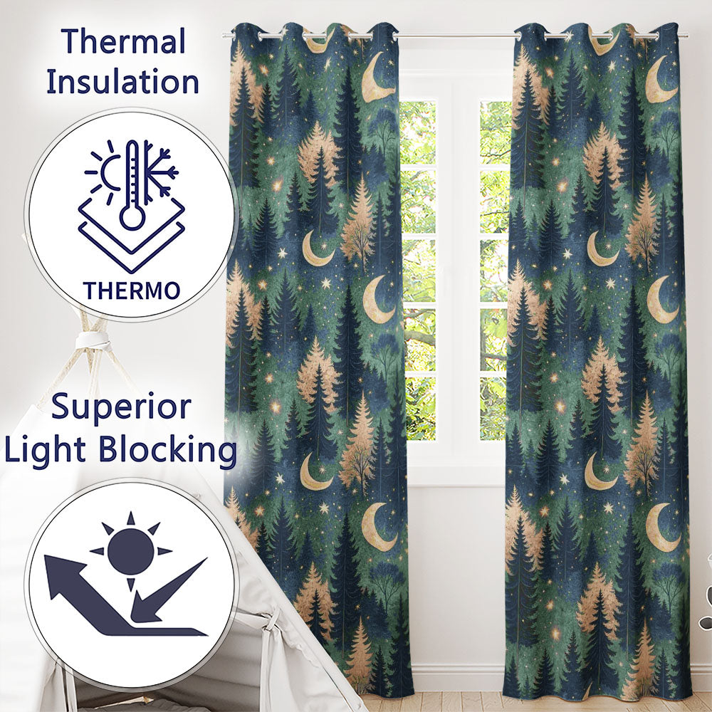 Dark Forest Moon Trees Starry Night Seamless  Readymade Eyelet Ring Top Thermal 100% Blackout Curtains