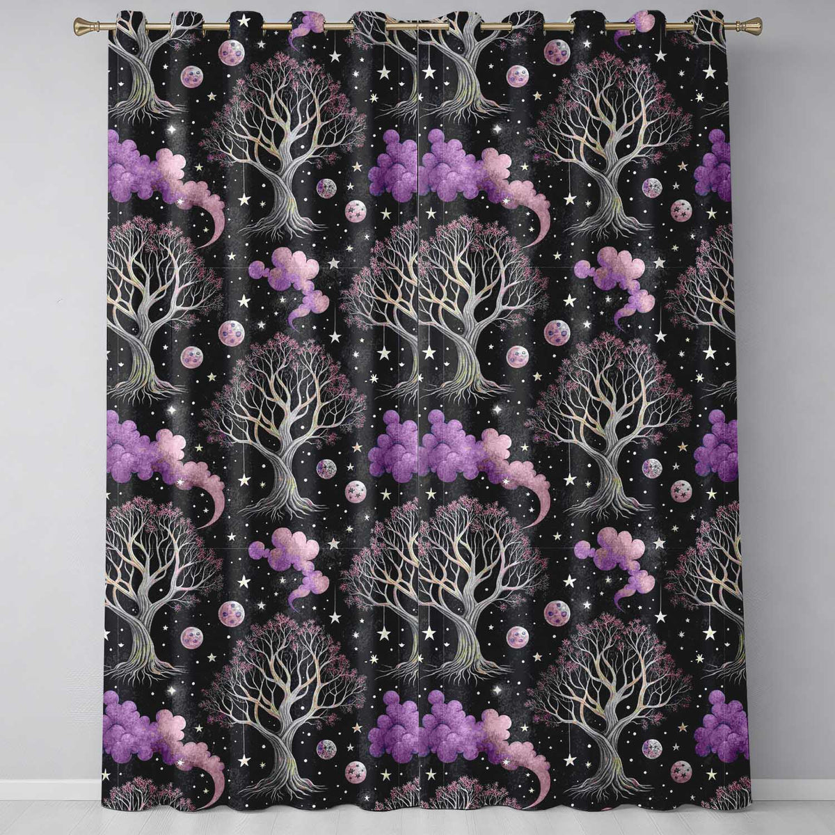 Purple Mystical Trees Moon Stars Night Seamless  Readymade Eyelet Ring Top Thermal 100% Blackout Curtains