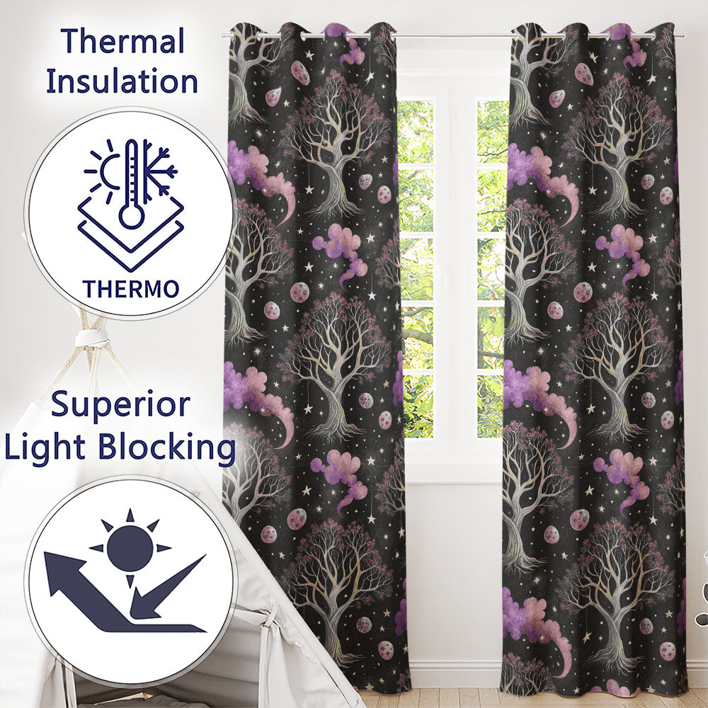 Purple Mystical Trees Moon Stars Night Seamless  Readymade Eyelet Ring Top Thermal 100% Blackout Curtains
