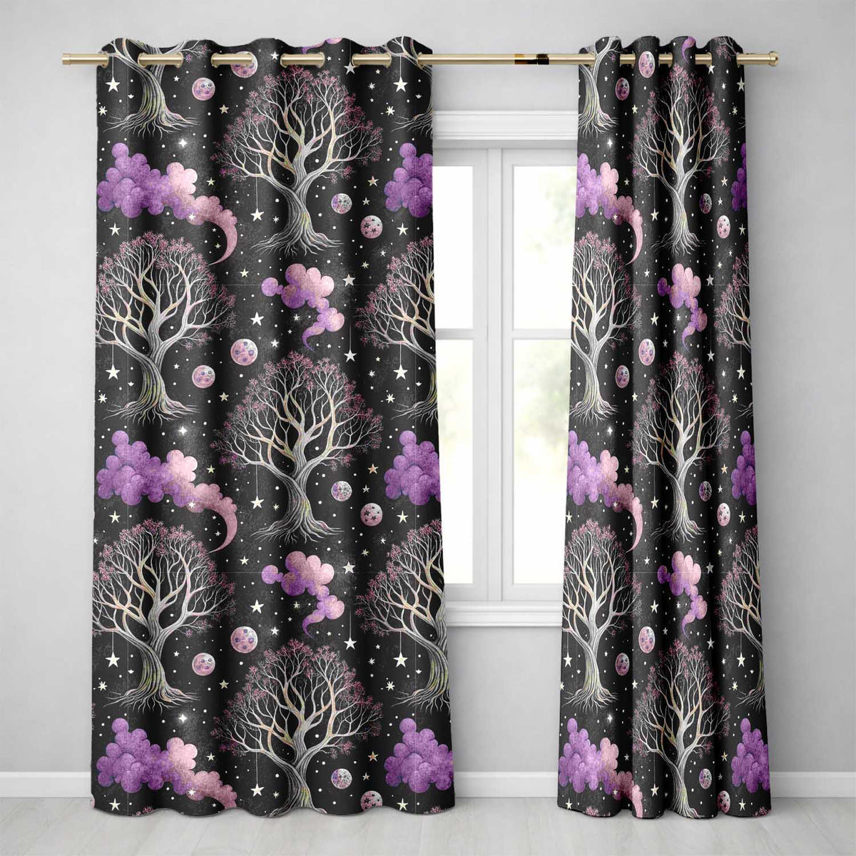 Purple Mystical Trees Moon Stars Night Seamless  Readymade Eyelet Ring Top Thermal 100% Blackout Curtains