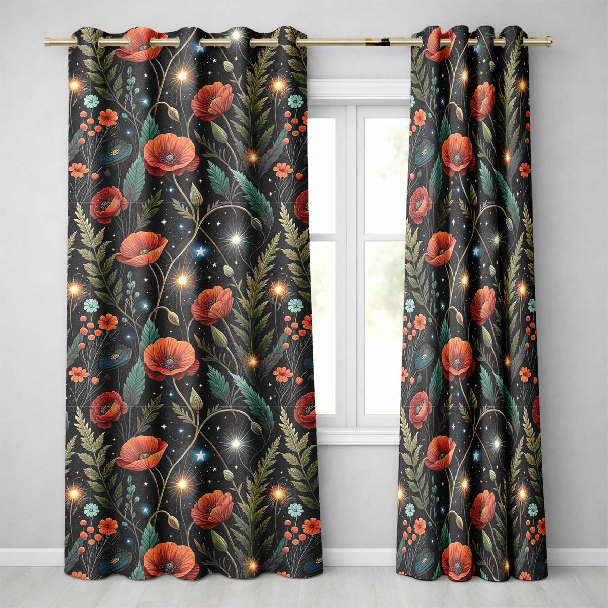 Glowing Red Poppy Flowers Stars Night Sky Seamless  Readymade Eyelet Ring Top Thermal 100% Blackout Curtains