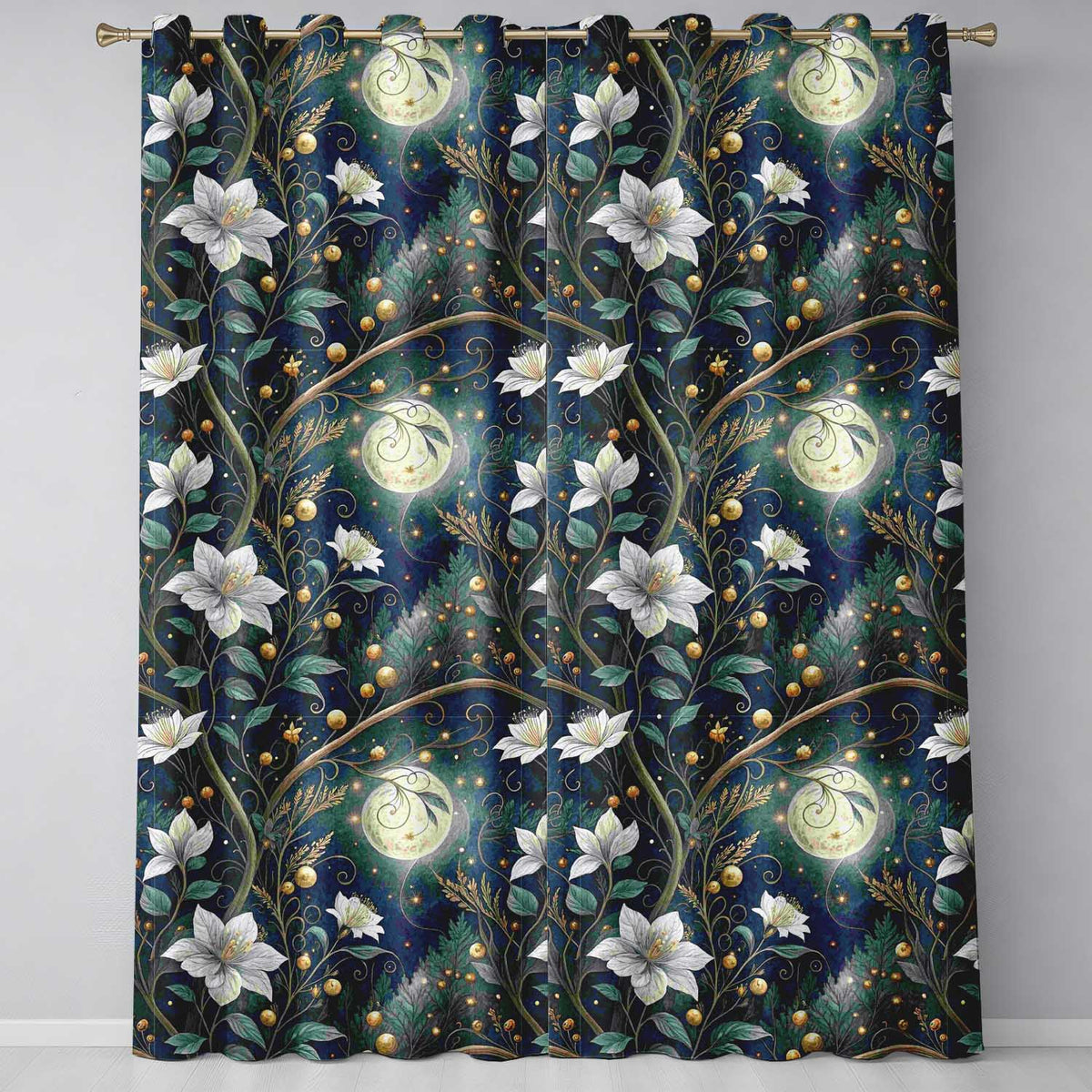 Magical Floral Moon Golden Berries Night Seamless  Readymade Eyelet Ring Top Thermal 100% Blackout Curtains