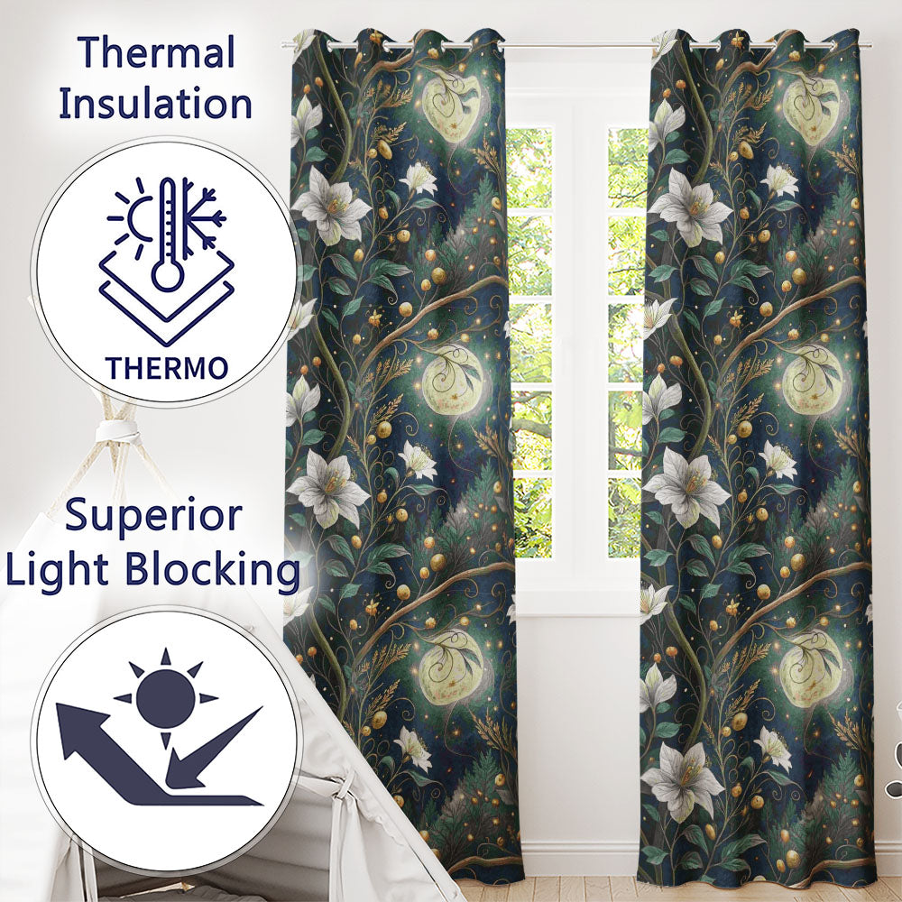 Magical Floral Moon Golden Berries Night Seamless  Readymade Eyelet Ring Top Thermal 100% Blackout Curtains