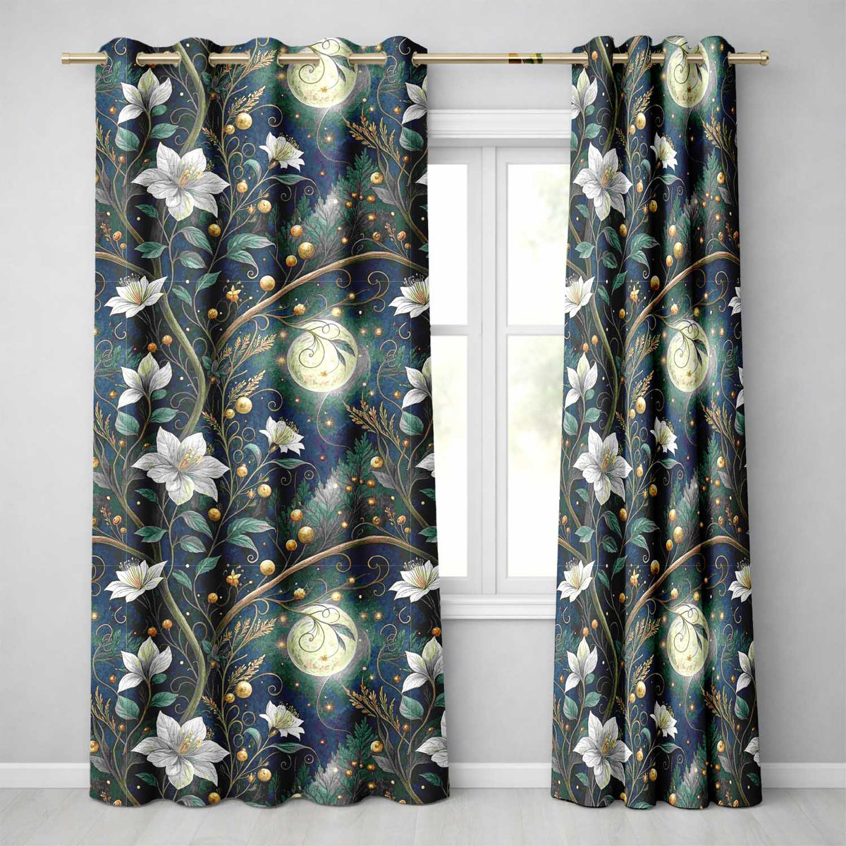 Magical Floral Moon Golden Berries Night Seamless  Readymade Eyelet Ring Top Thermal 100% Blackout Curtains