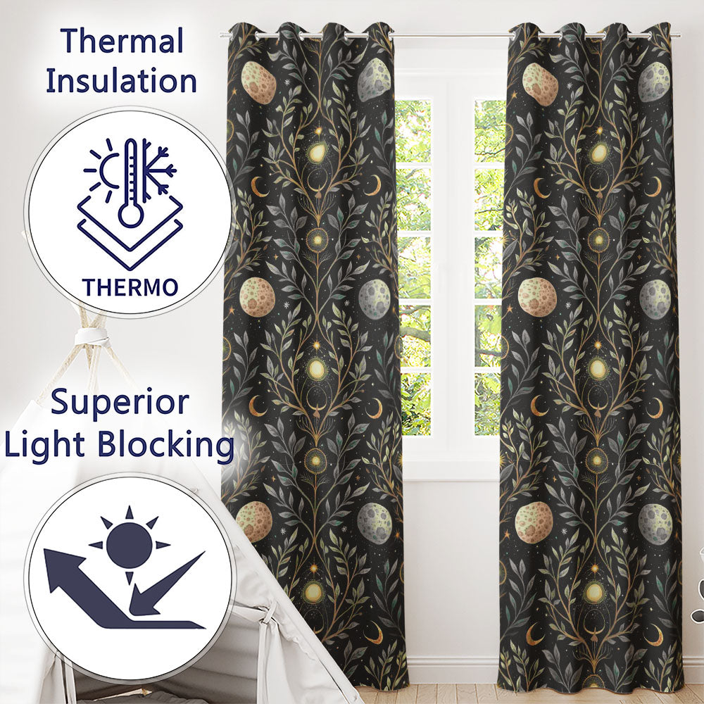 Celestial Botanical Moon Phases Sacred Night Seamless  Readymade Eyelet Ring Top Thermal 100% Blackout Curtains