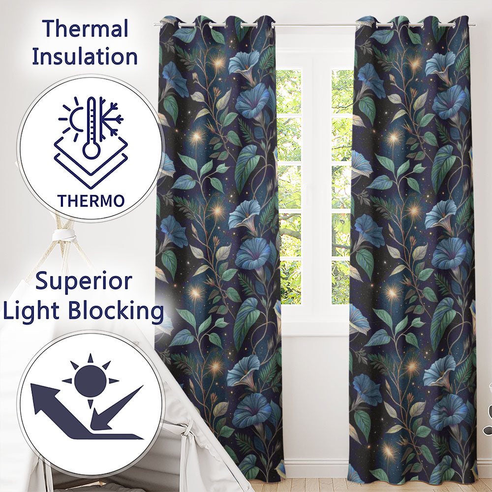 Blue Floral Night Sky Botanical Stars Seamless  Readymade Eyelet Ring Top Thermal 100% Blackout Curtains