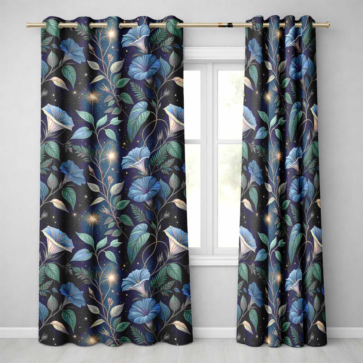 Blue Floral Night Sky Botanical Stars Seamless  Readymade Eyelet Ring Top Thermal 100% Blackout Curtains