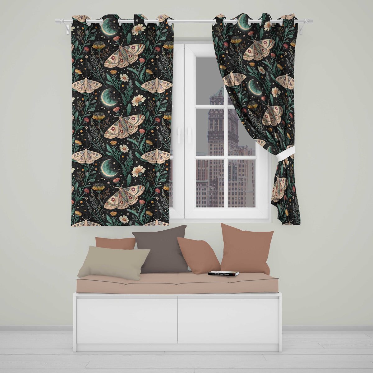 Celestial Moth Crescent Moon Floral Night Seamless  Readymade Eyelet Ring Top Thermal 100% Blackout Curtains