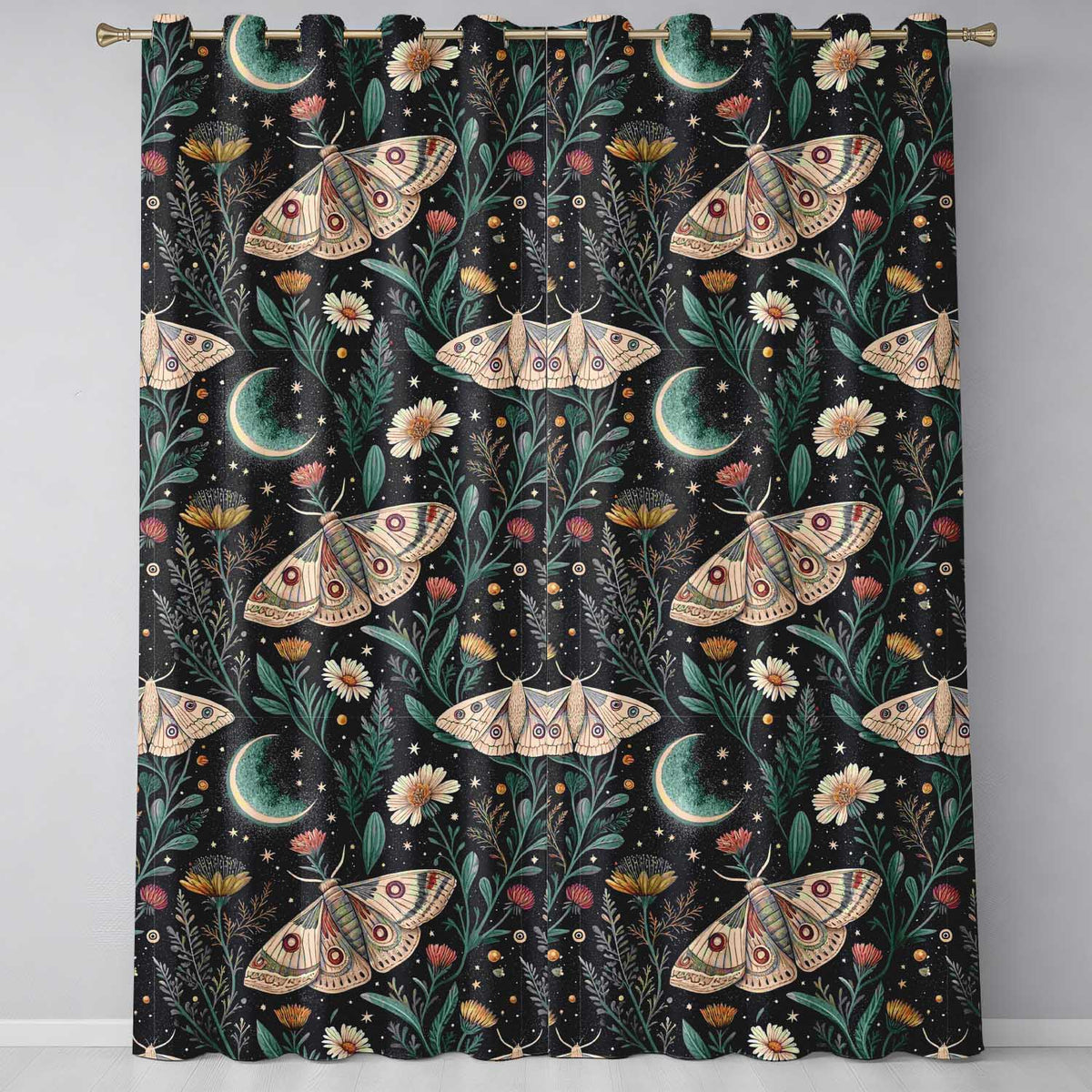 Celestial Moth Crescent Moon Floral Night Seamless  Readymade Eyelet Ring Top Thermal 100% Blackout Curtains