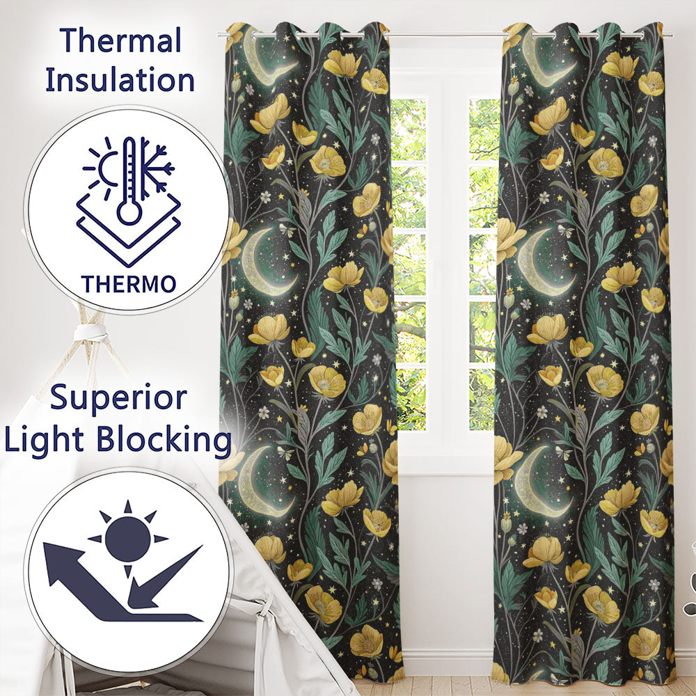 Golden Floral Crescent Moon Night Garden Seamless  Readymade Eyelet Ring Top Thermal 100% Blackout Curtains