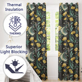 Golden Floral Crescent Moon Night Garden Seamless  Readymade Eyelet Ring Top Thermal 100% Blackout Curtains