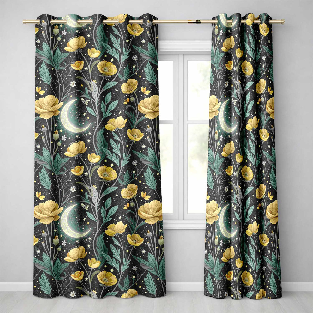 Golden Floral Crescent Moon Night Garden Seamless  Readymade Eyelet Ring Top Thermal 100% Blackout Curtains