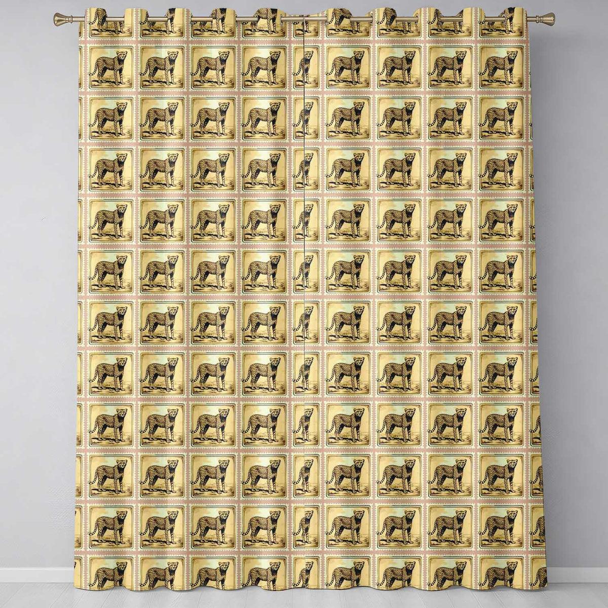 Antique Cheetah Postage Stamp Sepia Safari Wildlife Seamless  Readymade Eyelet Ring Top Thermal 100% Blackout Curtains