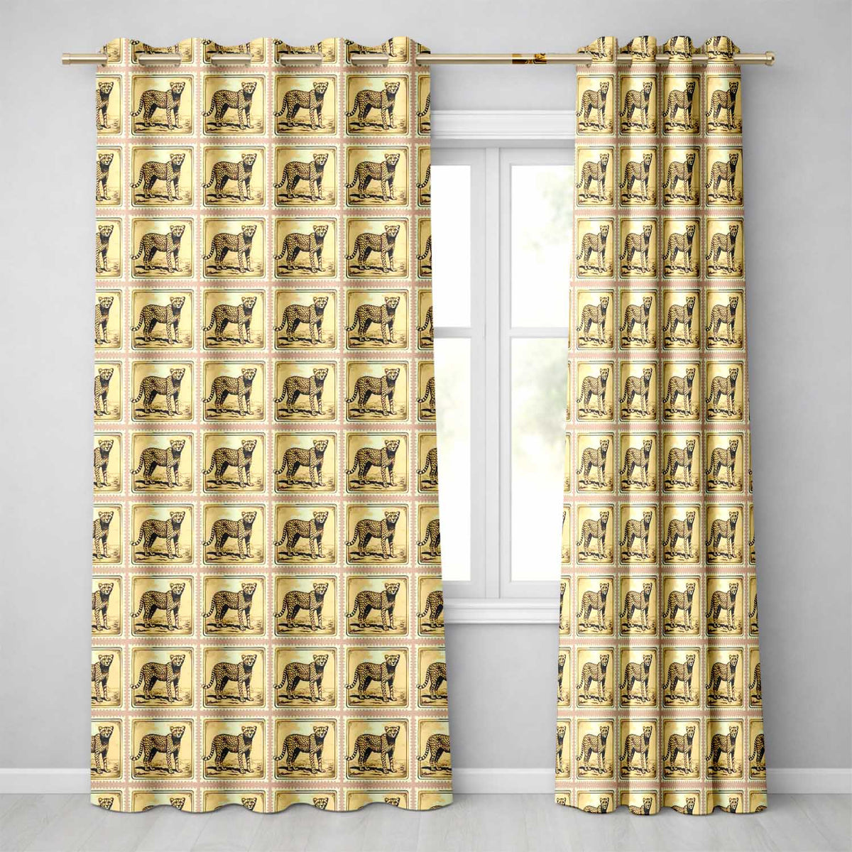 Antique Cheetah Postage Stamp Sepia Safari Wildlife Seamless  Readymade Eyelet Ring Top Thermal 100% Blackout Curtains