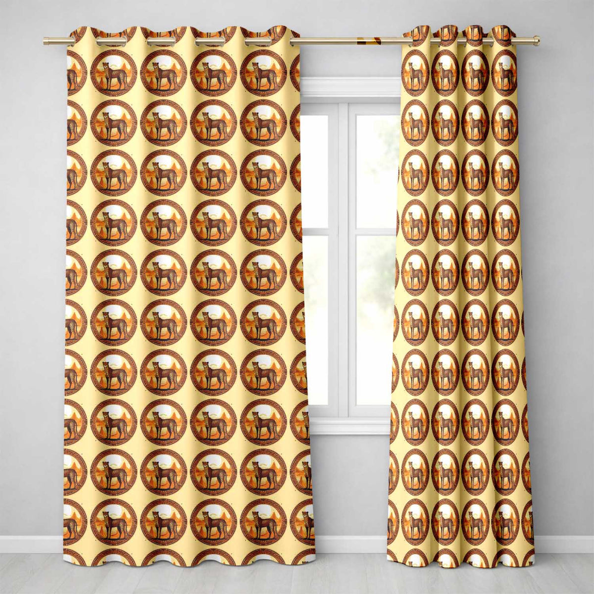 Ornate Desert Cheetah Medallion Tribal Frame Seamless  Readymade Eyelet Ring Top Thermal 100% Blackout Curtains