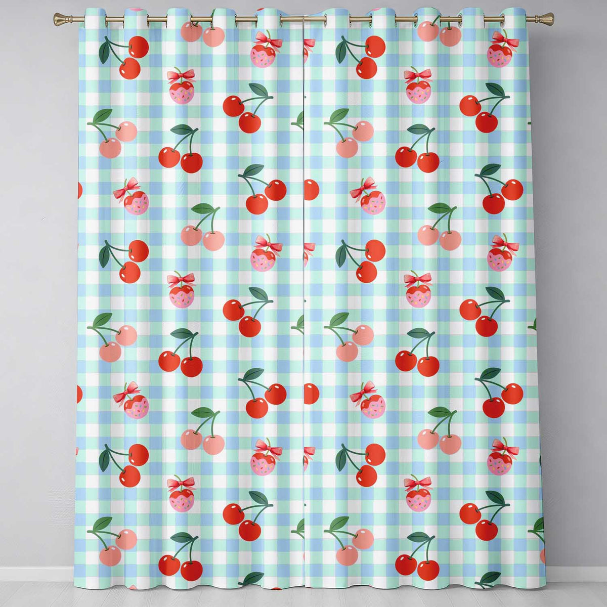 Cherry Fruit Blue Gingham Picnic Check Seamless  Readymade Eyelet Ring Top Thermal 100% Blackout Curtains